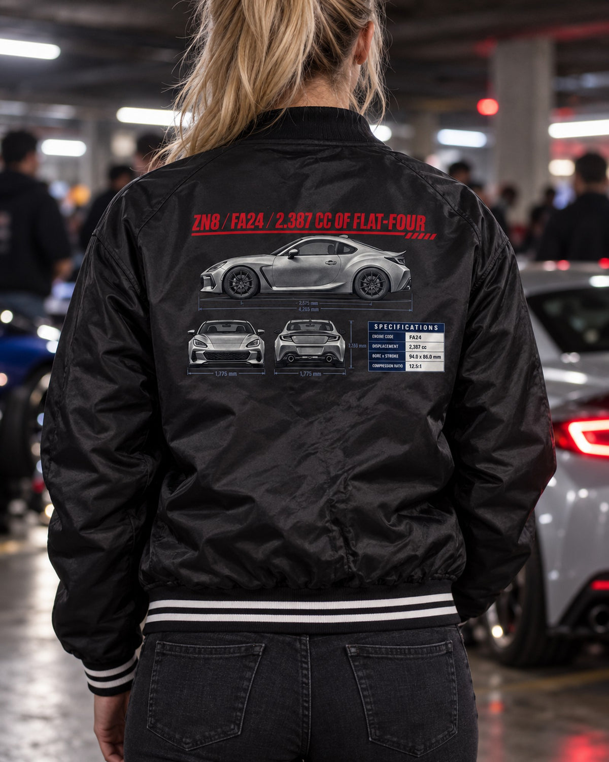 Toyota GR86 ZN8 Three-View Spec Table Shirt, FA24 Car Tee Bomber Jacket Black worn hero