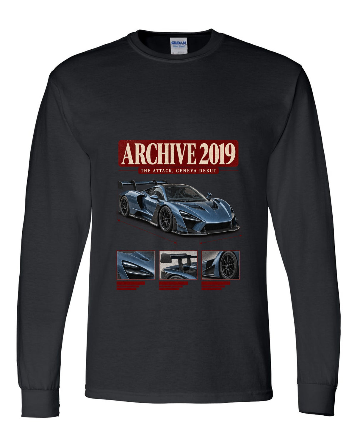 Archive panel design of the Koenigsegg Jesko Attack front three-quarter, print black long sleeve front view with the design