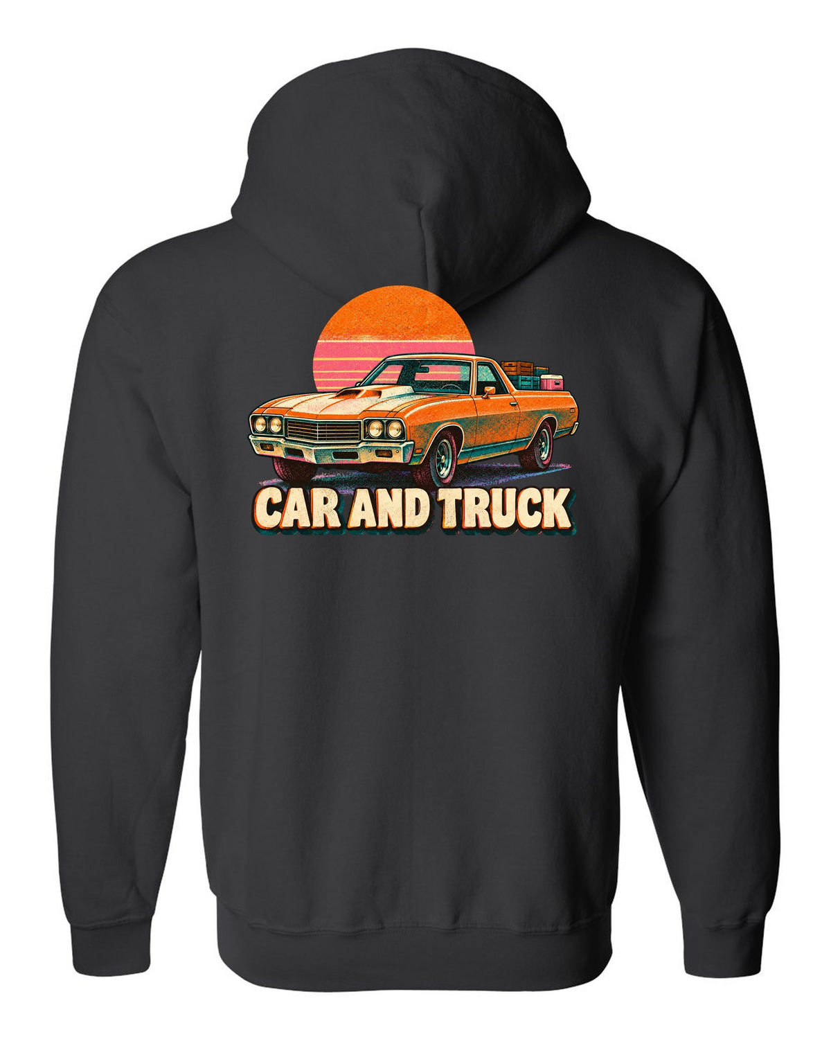 1970 Chevrolet El Camino SS 454 risograph spot-colour print reading Car and Truck black zip hoodie back view with the design