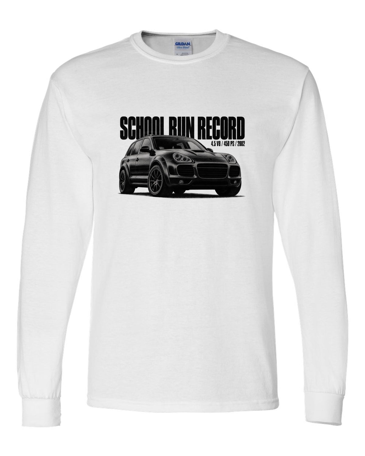 Halftone print of a Porsche Cayenne Turbo 955 with School Run Record caption white long sleeve front view with the design