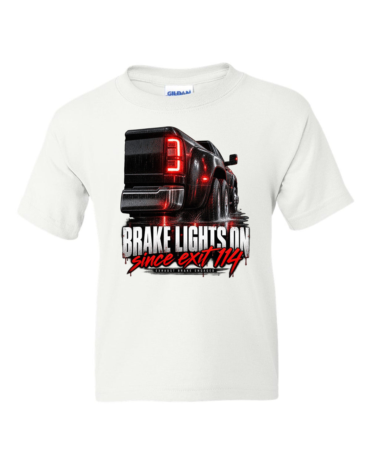 Taillight macro print of a 2019-2024 Ram HD 3500 dually with brake lights lit white kids tee front view with the design