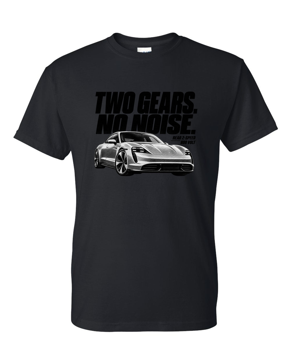 Halftone Porsche Taycan Turbo S 9J1 front three-quarter with two gears, no noise, rear 2-speed black t-shirt front view with the design