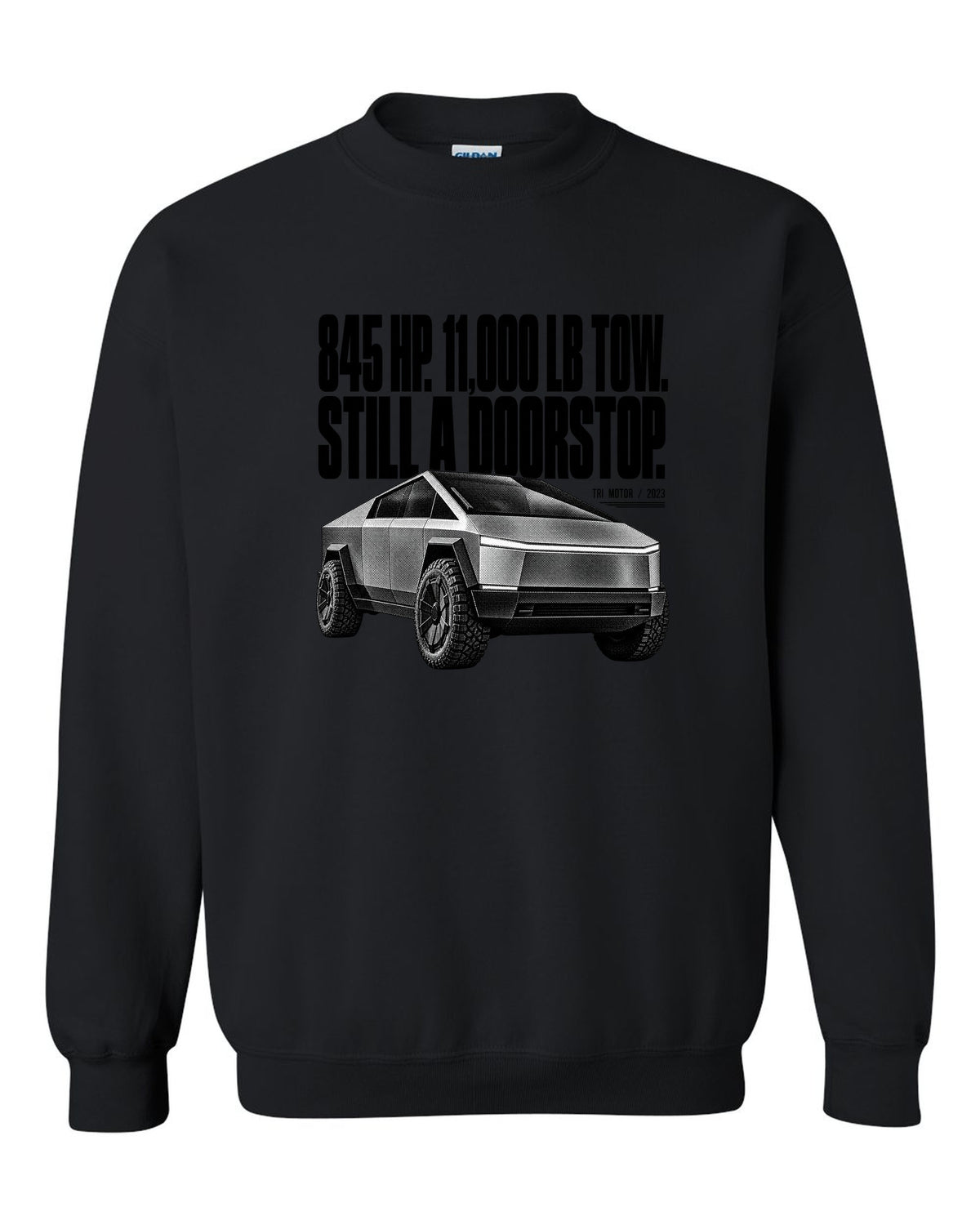 Halftone Tesla Cybertruck Cyberbeast front three-quarter with 845 HP and 11,000 lb tow text black crewneck front view with the design