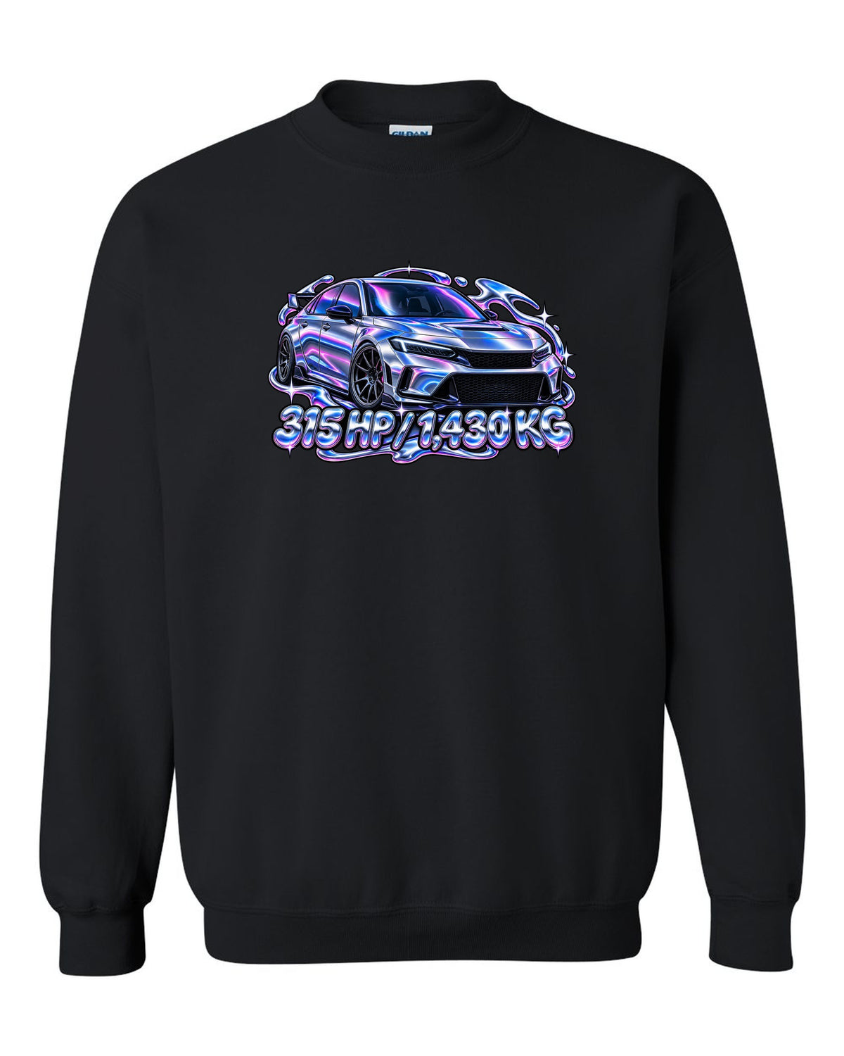 Y2K chrome gradient print of a Honda Civic Type R FL5 with 315 HP and 1,430 KG text black crewneck front view with the design