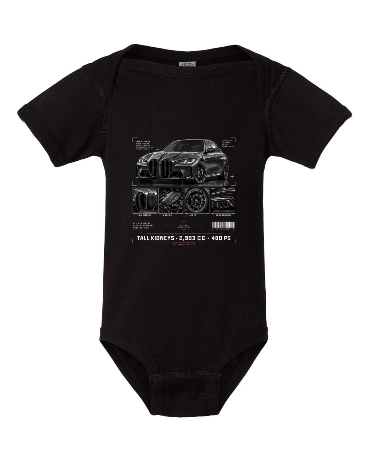 BMW G80 M3 dossier panel print with tall kidneys 2,993 cc and 480 PS black baby onesie front view with the design