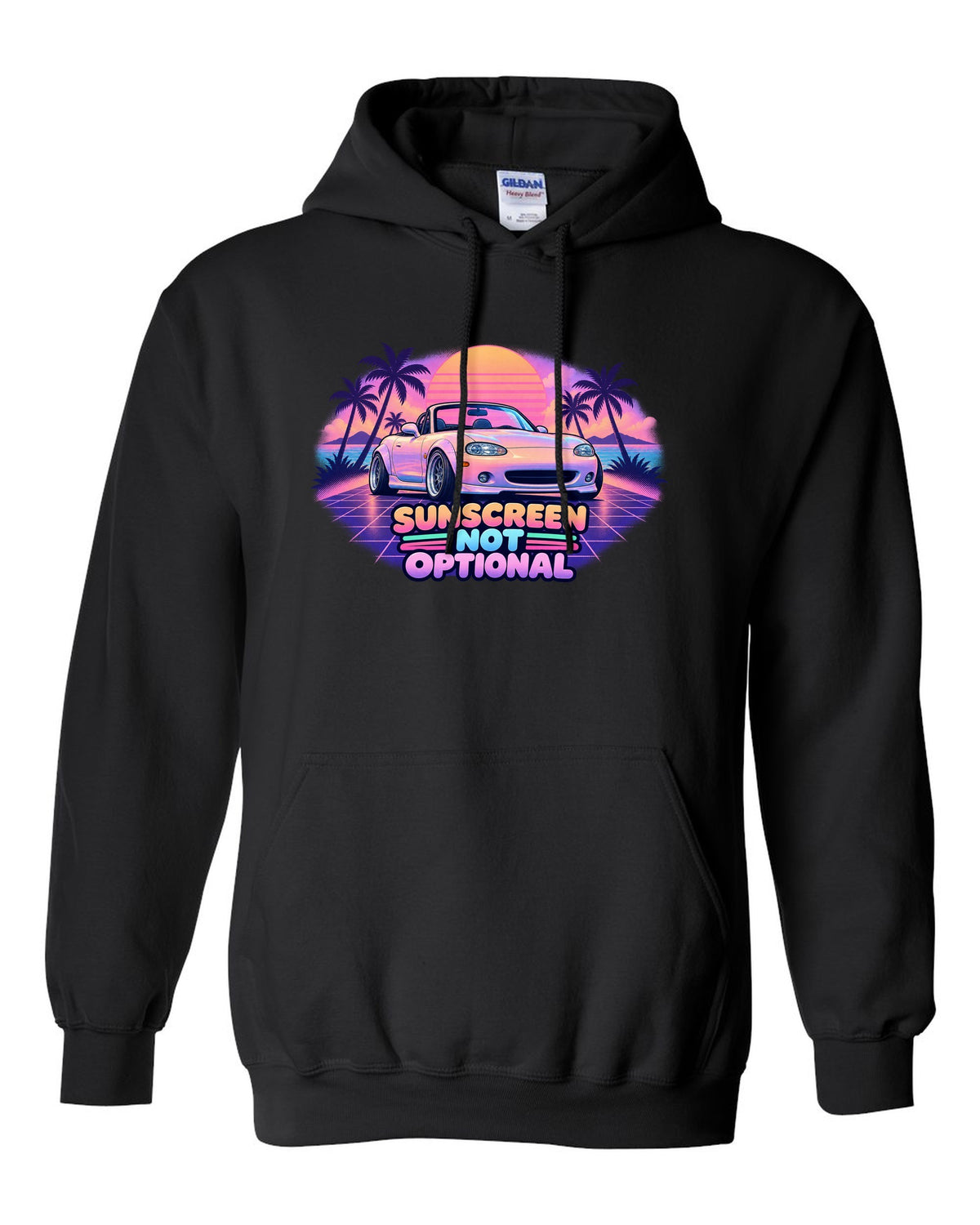 Vaporwave pastel print of a Mazda MX-5 NB Miata with the roof down and the text Sunscreen Not Optional black pull over hoodie front view with the design