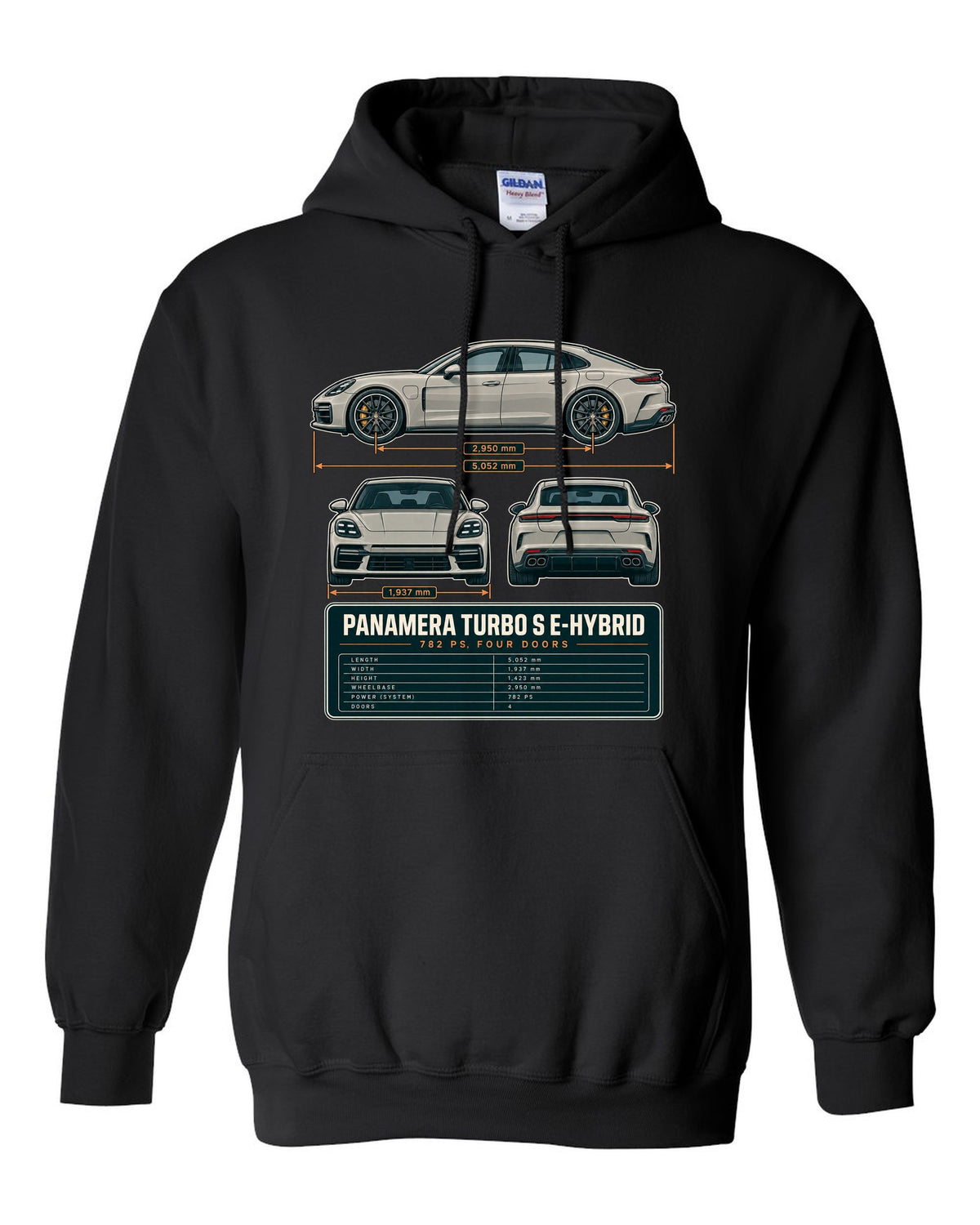 Three-view print of a Porsche Panamera Turbo S E-Hybrid G3 with 782 PS spec table black pull over hoodie front view with the design