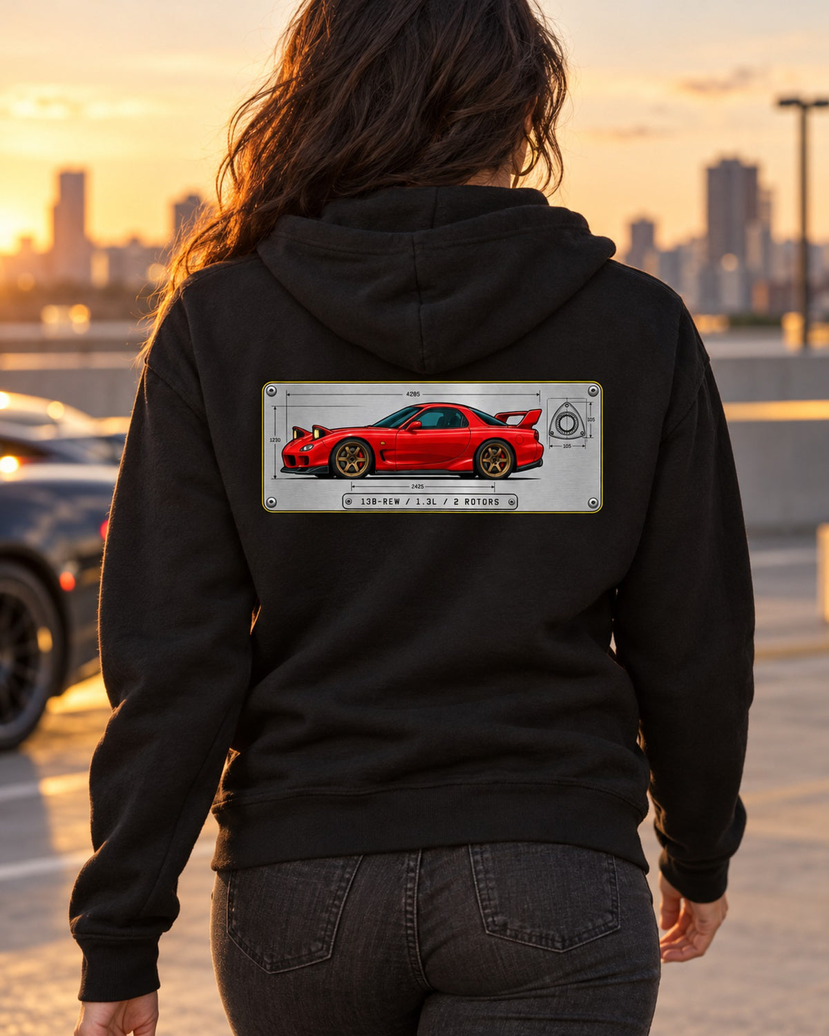 Mazda RX-7 FD3S 13B-REW Rotary Data Plate Tee Zip Hoodie Black worn hero