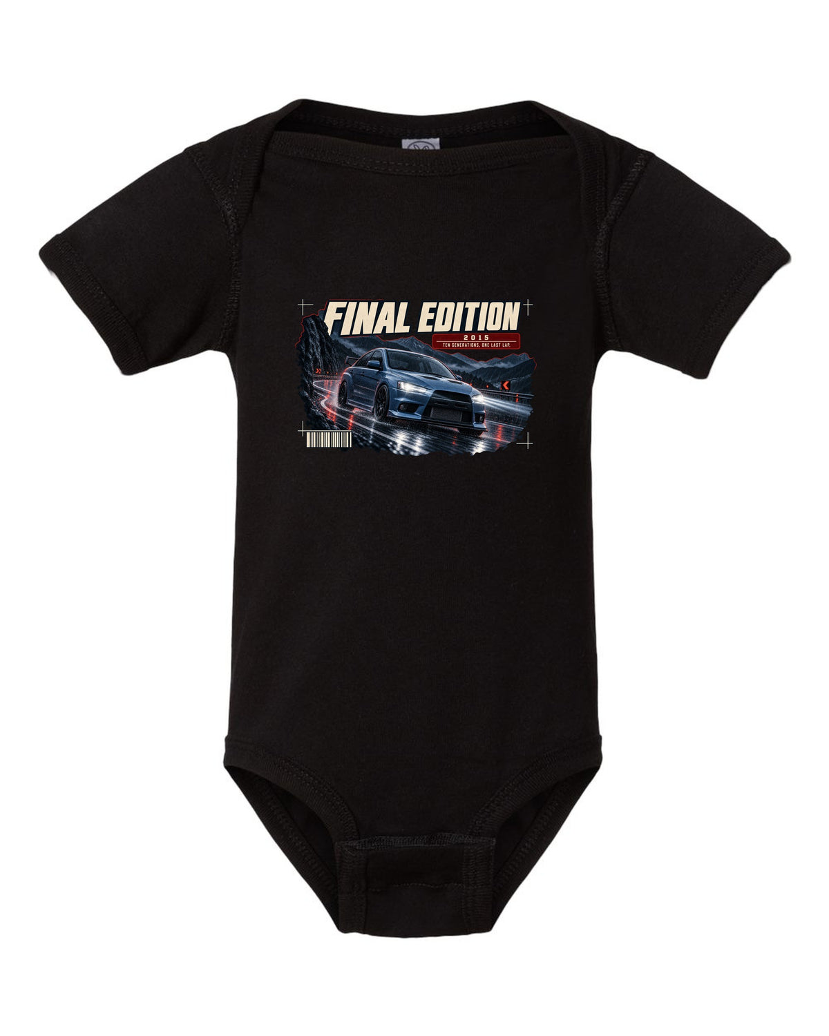 Mitsubishi Lancer Evolution X Final Edition low front three-quarter at night print black baby onesie front view with the design