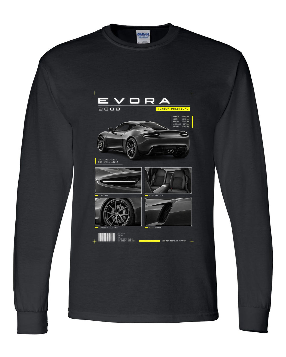 Lotus Evora 2008 dossier panels print black long sleeve front view with the design
