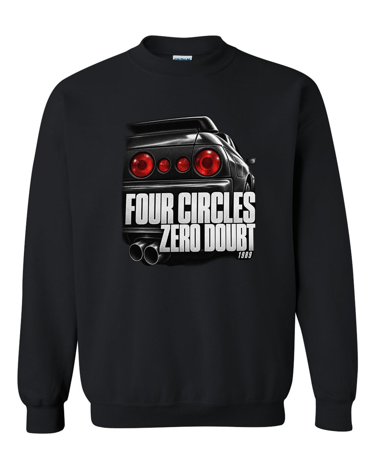 Close-up macro of the round taillights on a Nissan Skyline GT-R R32 with four circles lettering black crewneck front view with the design
