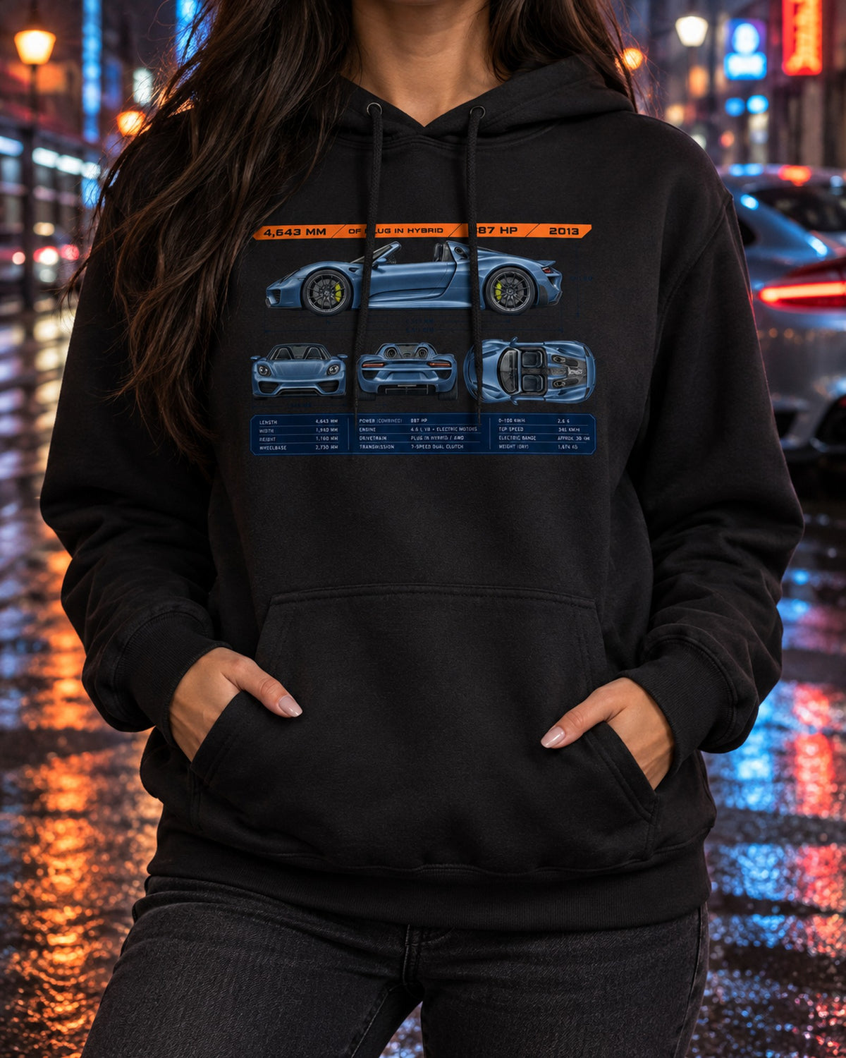 Porsche 918 Spyder Dimension Blueprint Tee, Hybrid Car Shirt Pull Over Hoodie Black worn hero