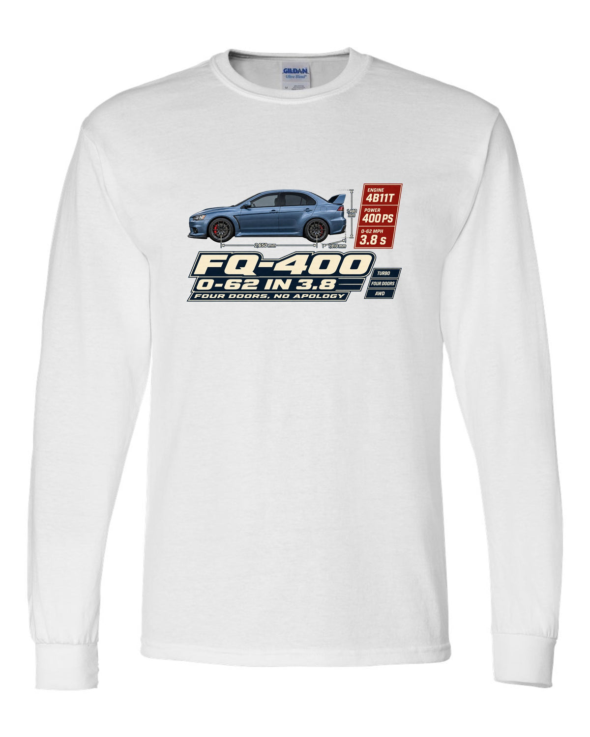 Evo X FQ-400 Spec Poster Tee, 0-62 in 3.8, Four Doors white long sleeve front view with the design