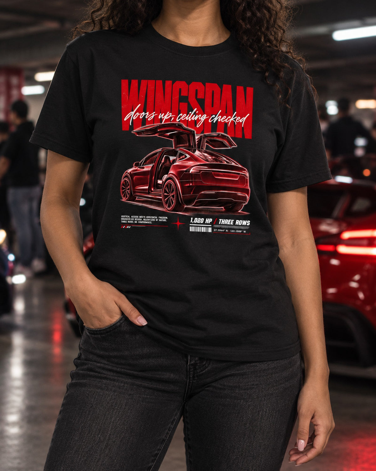 Model X Plaid 2021 Wingspan Street Poster Tee, Doors Up T-Shirt Black worn hero