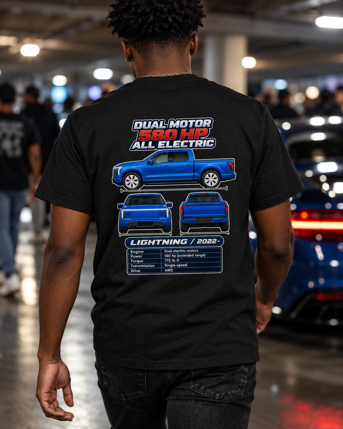 Ford F150 Lightning Spec Sheet Full-Back Graphic Tee T-Shirt Black worn hero