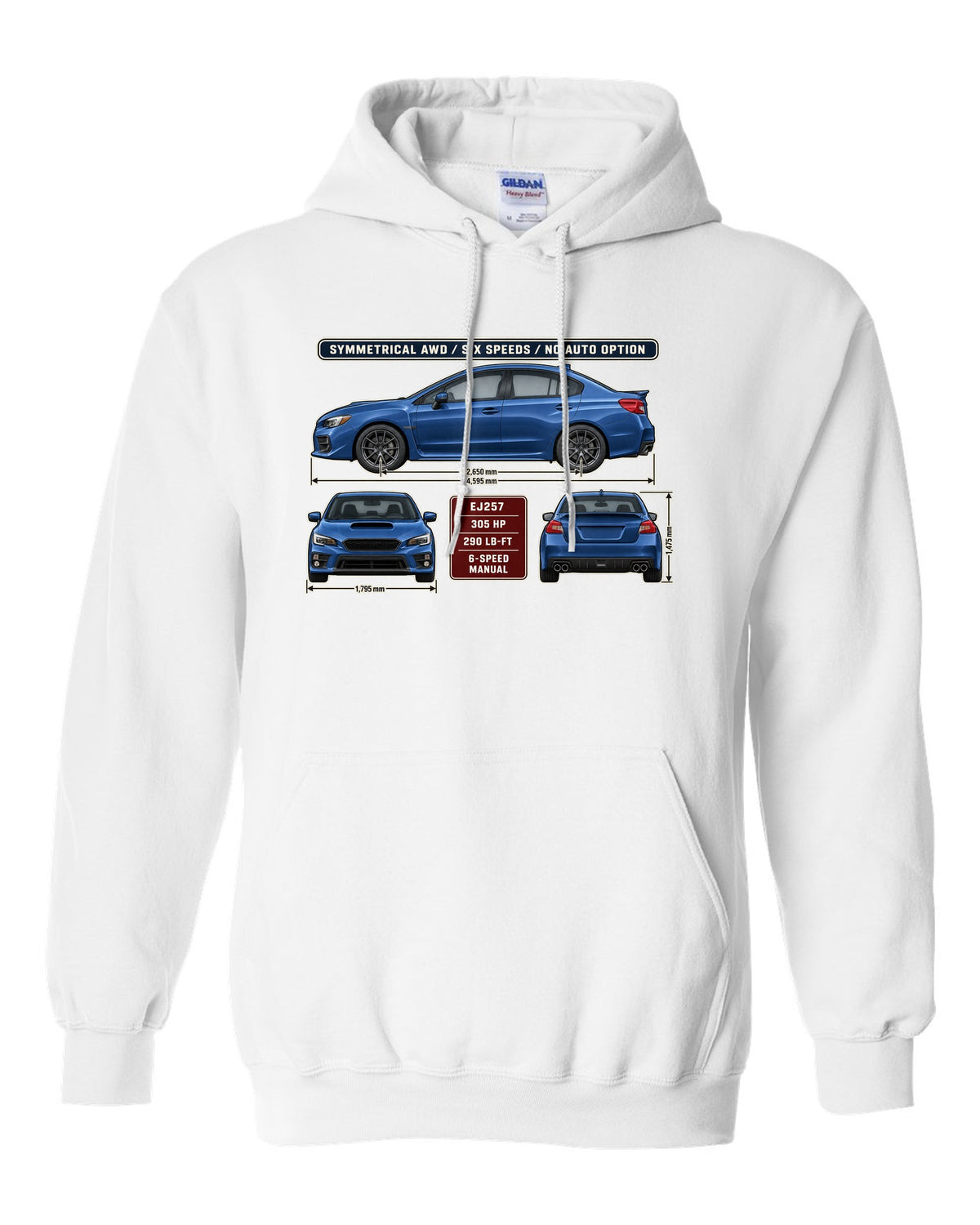 Subaru WRX STI VA graphite sedan three-view drawing with red accent white pull over hoodie front view with the design