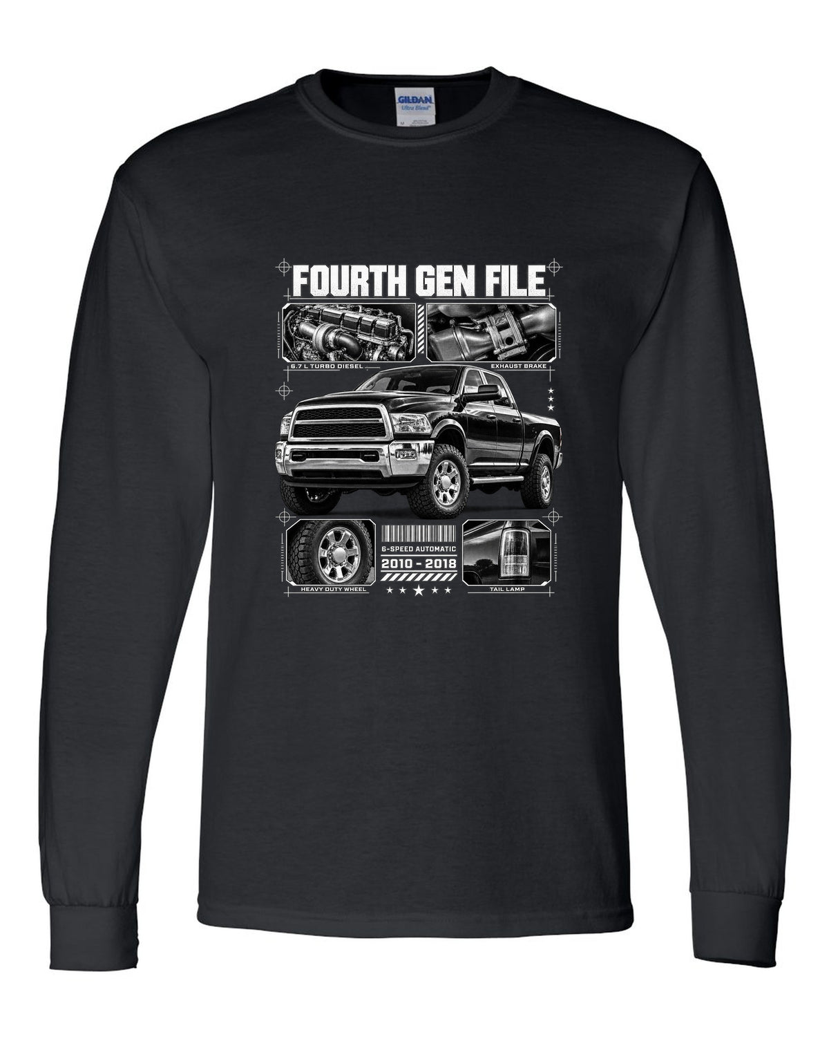 Blueprint dossier print of a 2010-2018 Ram 2500 fourth generation turbo diesel pickup black long sleeve front view with the design