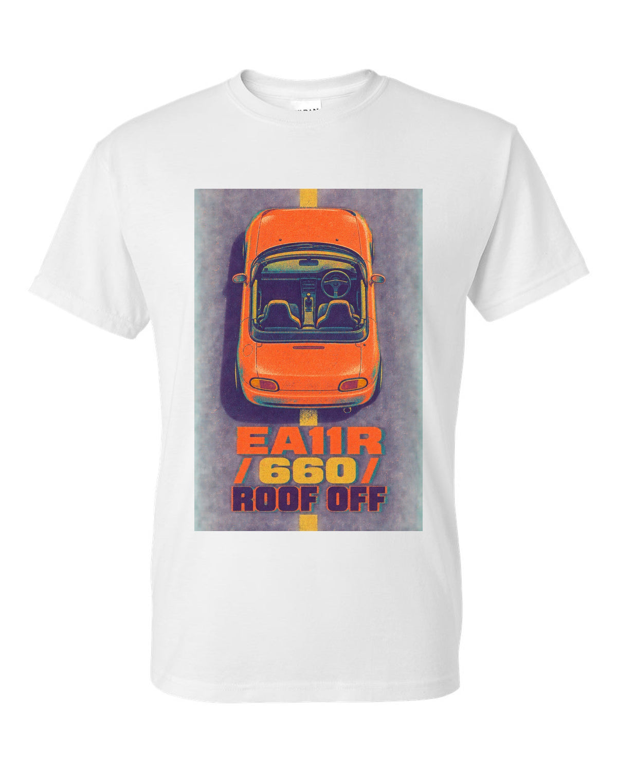 Risograph-style Suzuki Cappuccino EA11R with the text 660 and roof off white t-shirt front view with the design