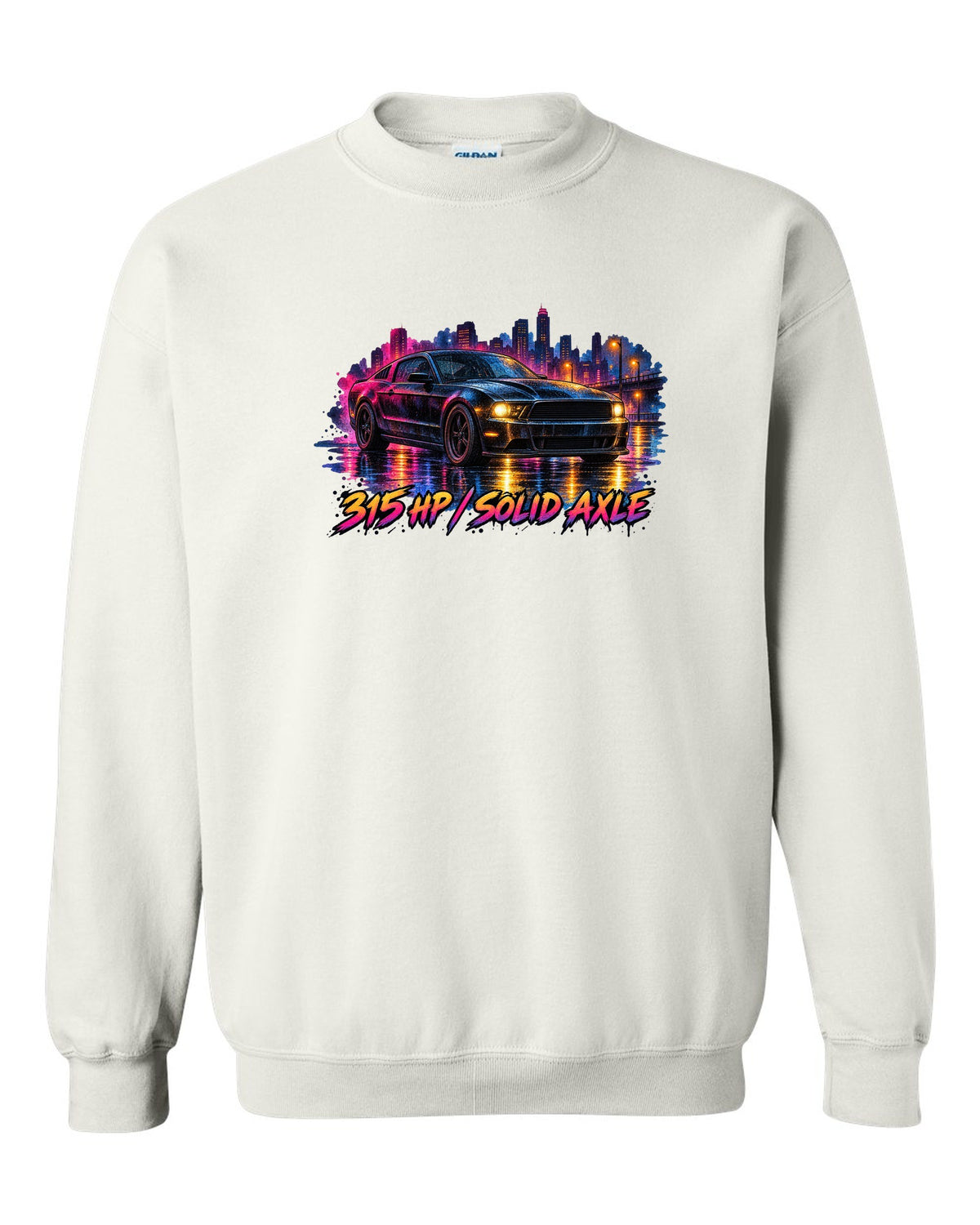 Watercolour wet road night scene with a 2005-2014 S197 Ford Mustang fastback white crewneck front view with the design