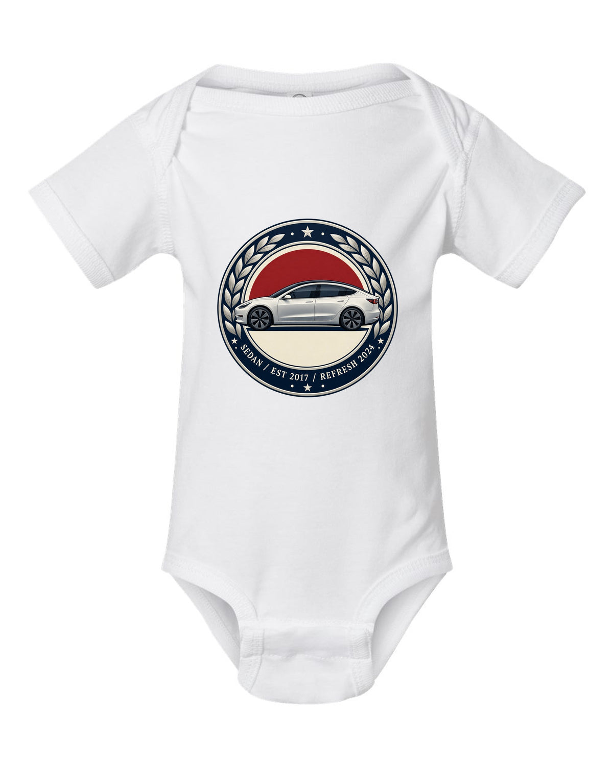 Round crest print of a Tesla Model 3 sedan reading Est 2017 and Refresh 2024 white baby onesie front view with the design