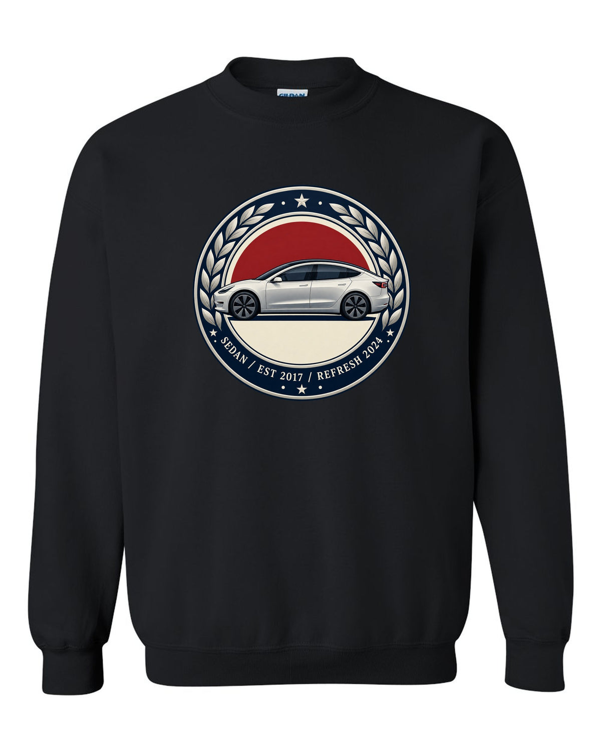 Round crest print of a Tesla Model 3 sedan reading Est 2017 and Refresh 2024 black crewneck front view with the design