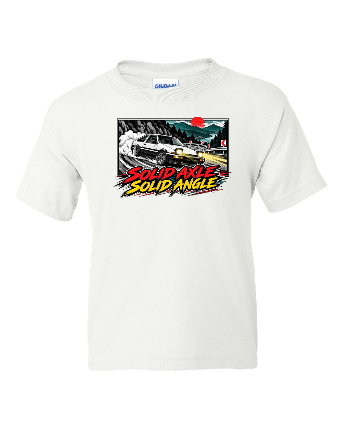 Retro manga halftone panel of a Toyota AE86 Sprinter Trueno drifting downhill white kids tee front view with the design