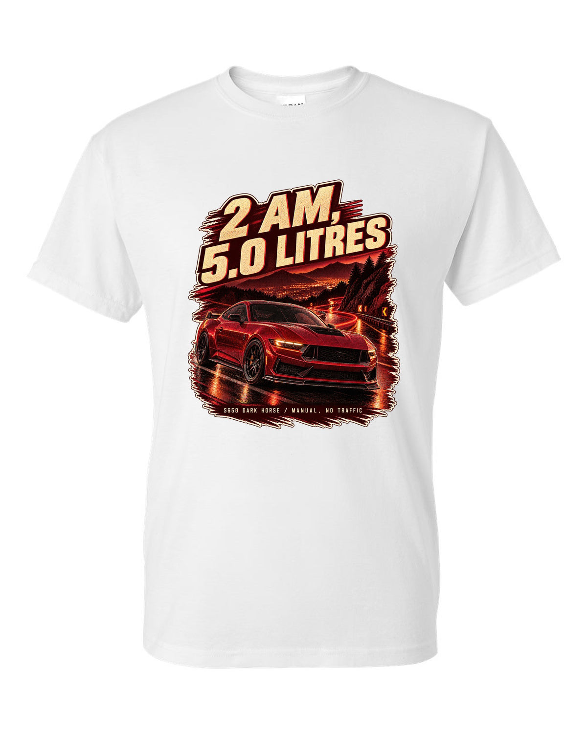 Ford Mustang S650 Dark Horse on an empty night street print white t-shirt front view with the design