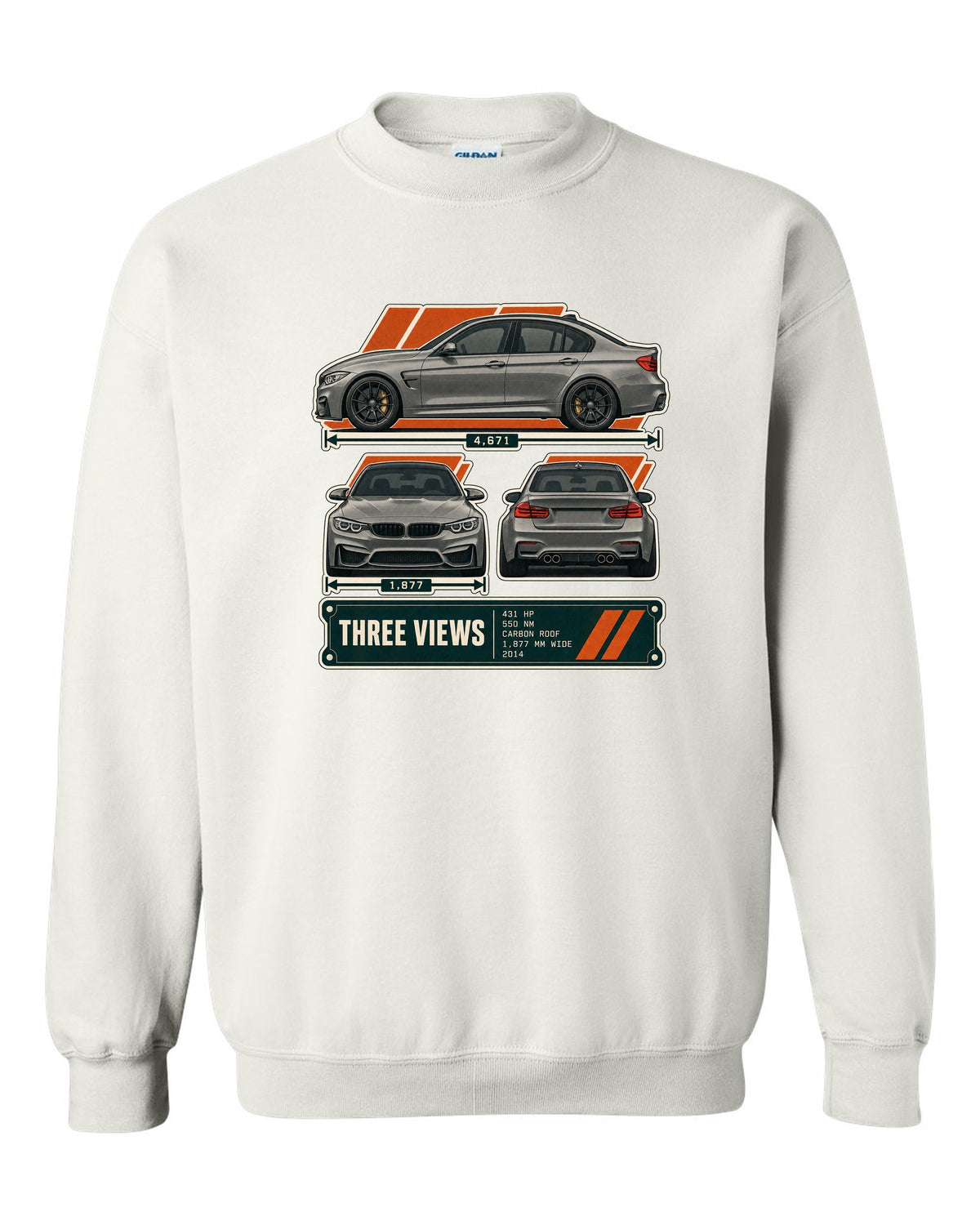 BMW M3 F80 three-view drawing with spec table print white crewneck front view with the design