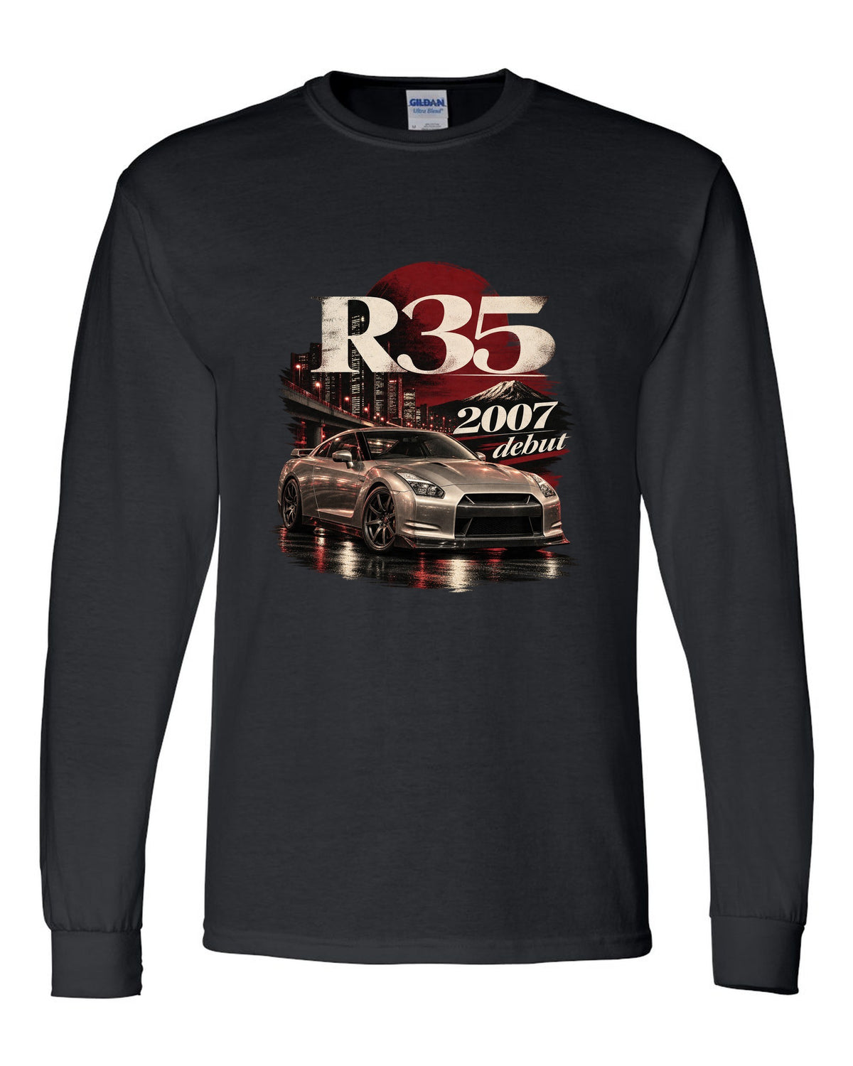 Nissan GT-R R35 2007 debut shape in warm silver on an archive panel black long sleeve front view with the design