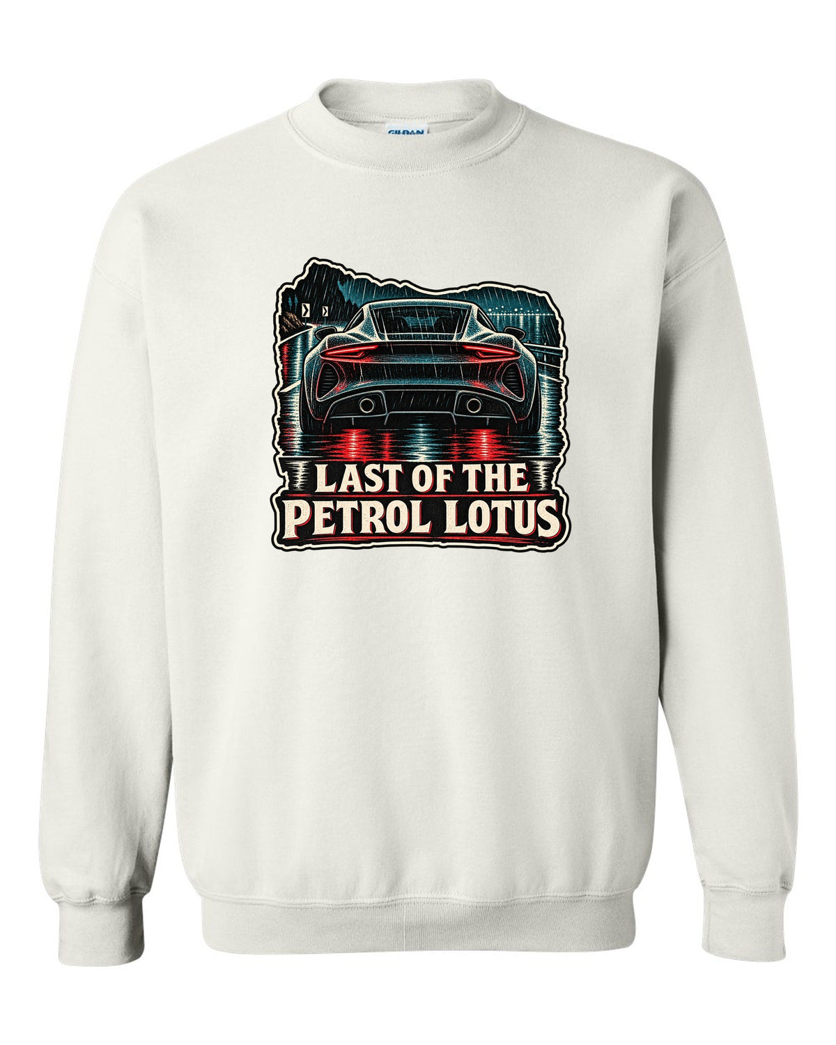 Lotus Emira in linocut woodcut style with LAST OF THE PETROL LOTUS lettering white crewneck front view with the design