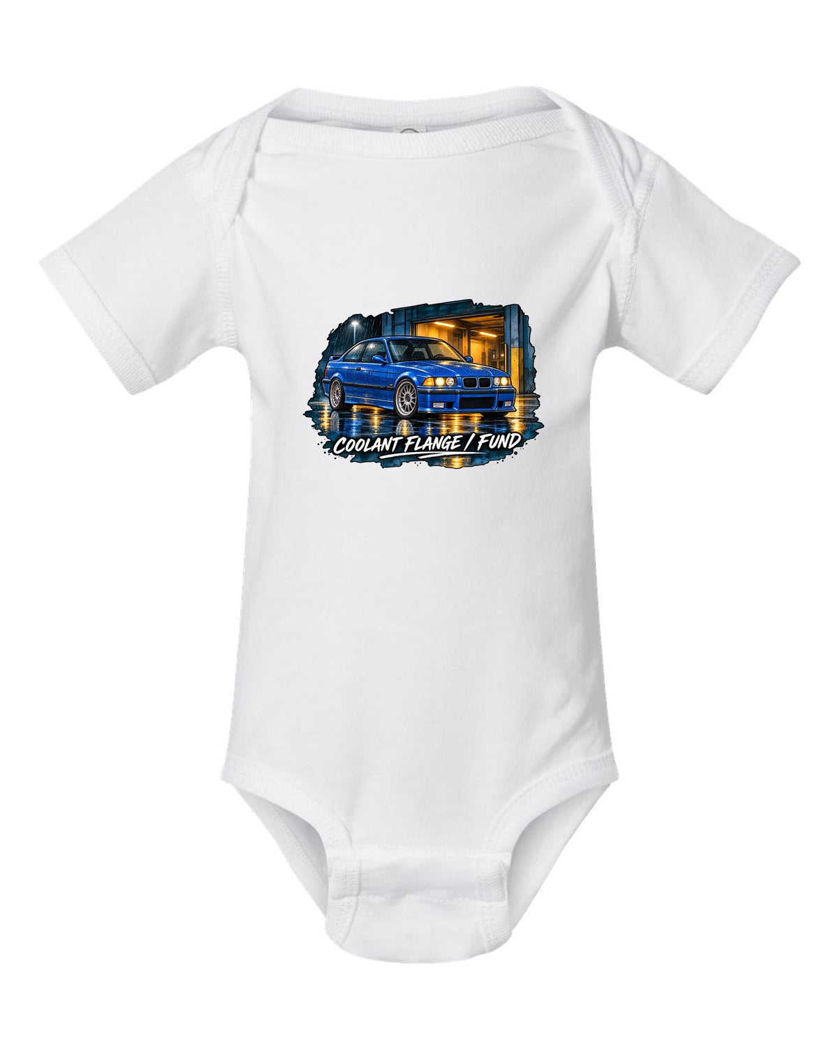 Comic halftone pop-art burnout of a BMW E36 M3 coupe with rear tyres subscription text white baby onesie front view with the design