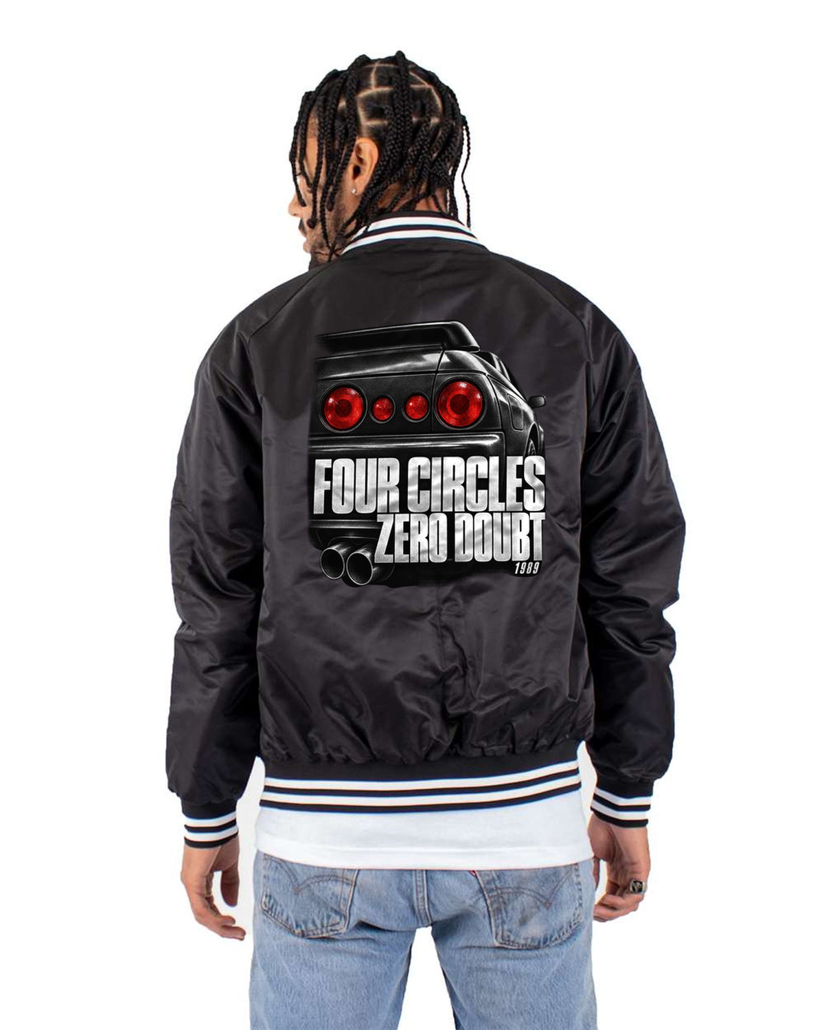 Skyline GT-R R32 Taillight Macro Tee, Four Circles Bomber Jacket Black back