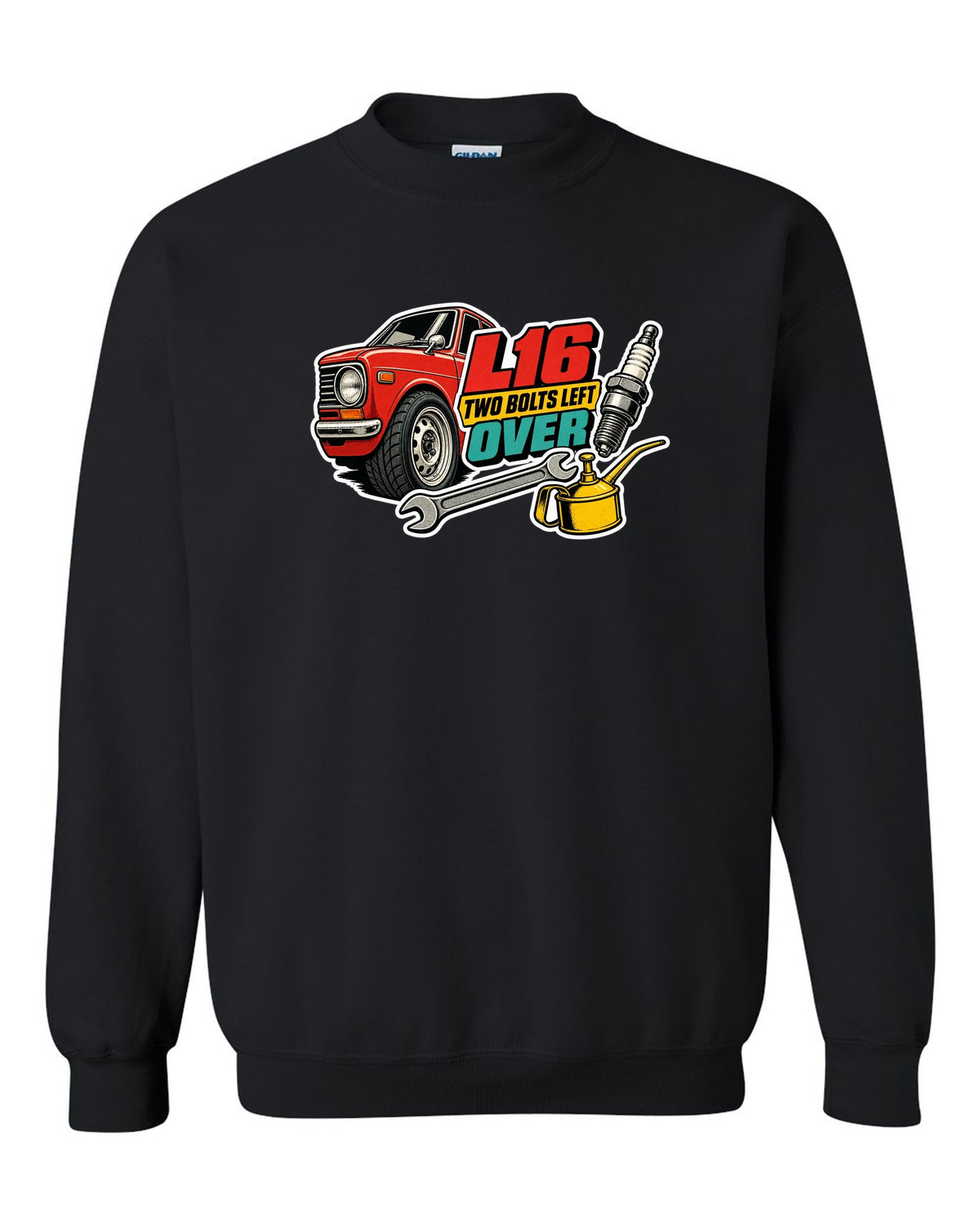 Datsun 510 wheel and fender sticker-bomb collage with L16 text on the front of a shirt black crewneck front view with the design
