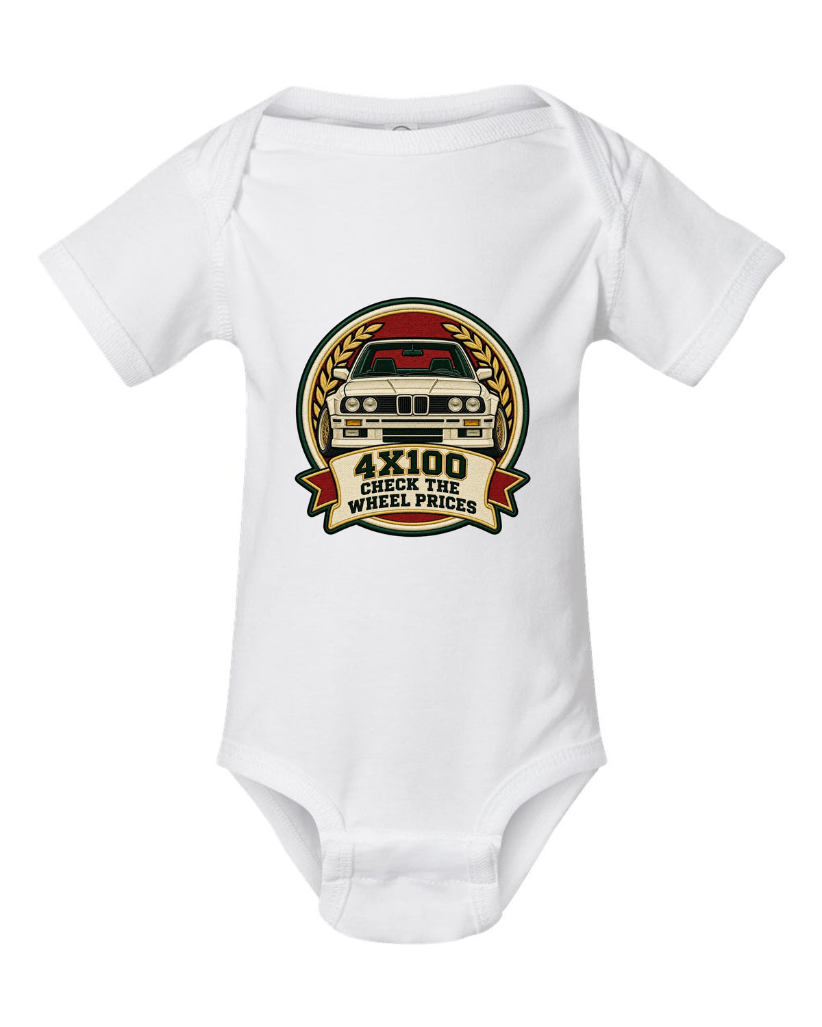 Varsity crest style print of a BMW E30 M3 with 4X100 wheel price joke text white baby onesie front view with the design