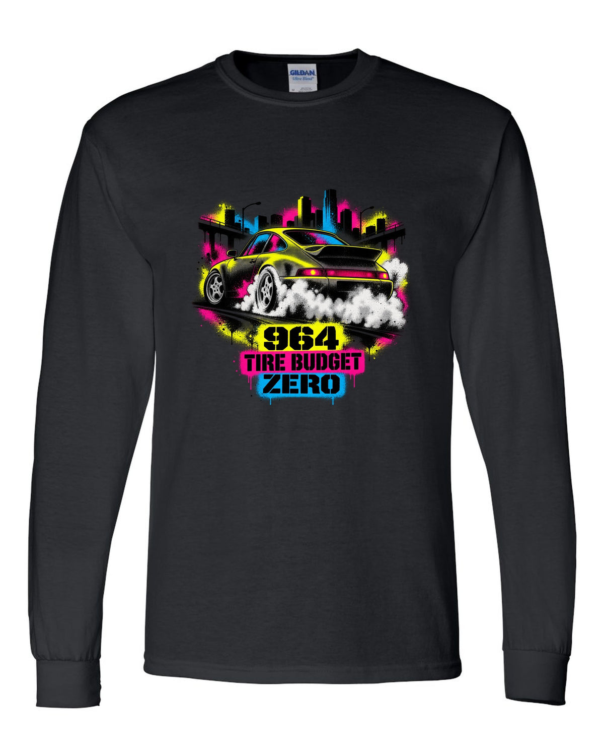 Street-art stencil print of a Porsche 911 Carrera 4 964 with the text 964, tire budget, zero black long sleeve front view with the design