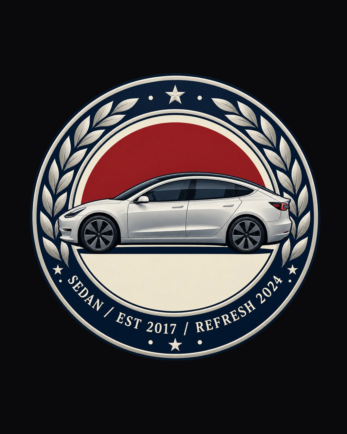 Model 3 Sedan Round Crest Tee, Tesla Est 2017 print design only