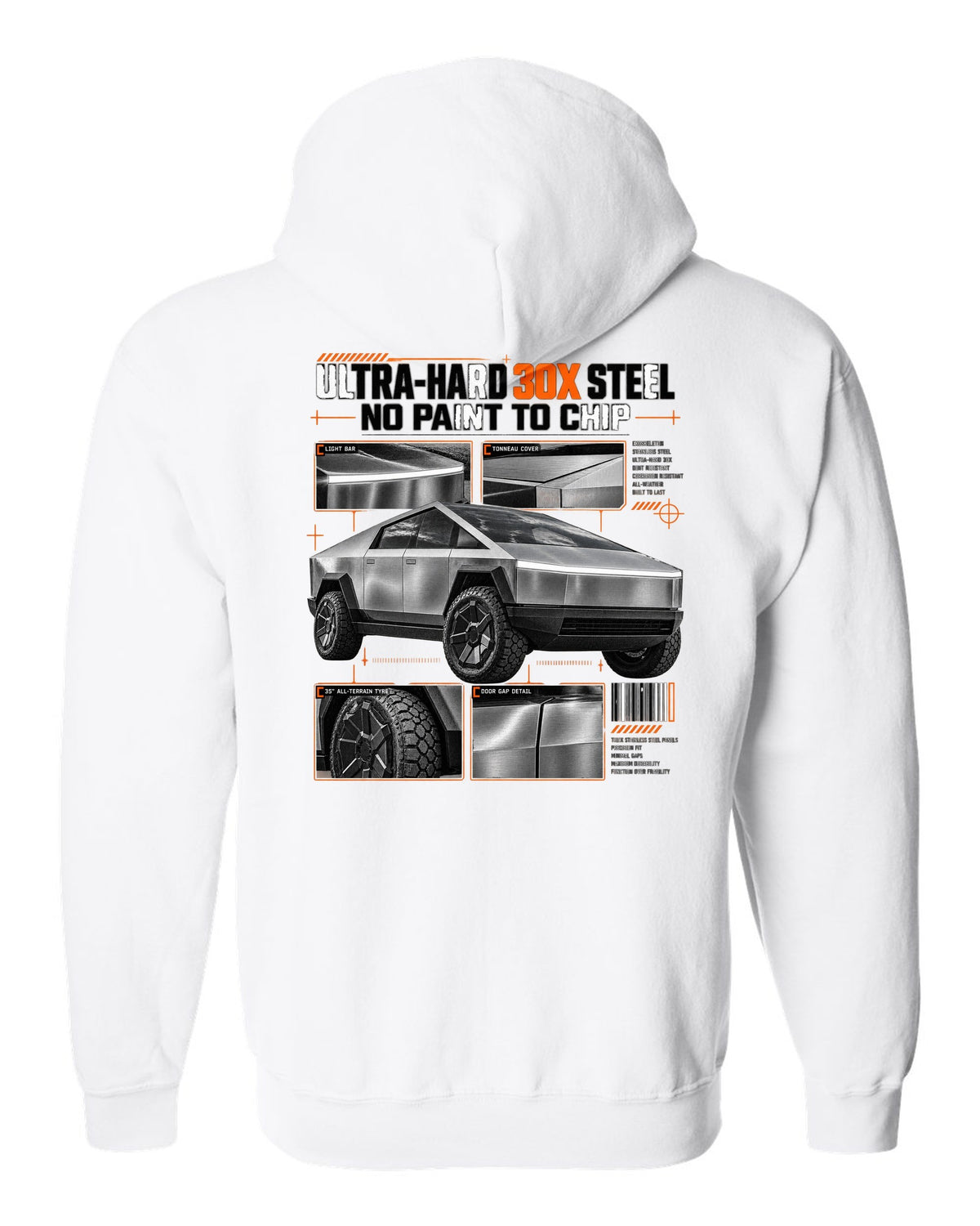 Tesla Cybertruck 2023 dossier panel graphic with ultra-hard 30X steel and no paint to chip white zip hoodie back view with the design