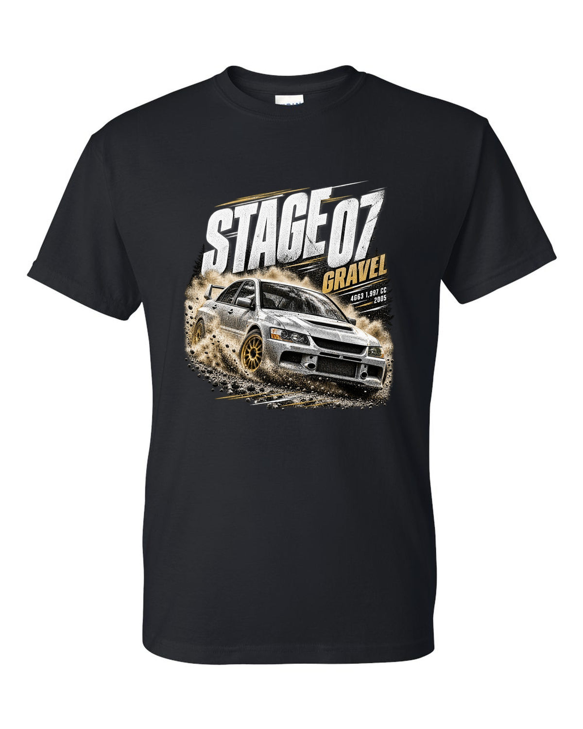 Rally poster print of a Mitsubishi Lancer Evolution IX CT9A on gravel black t-shirt front view with the design