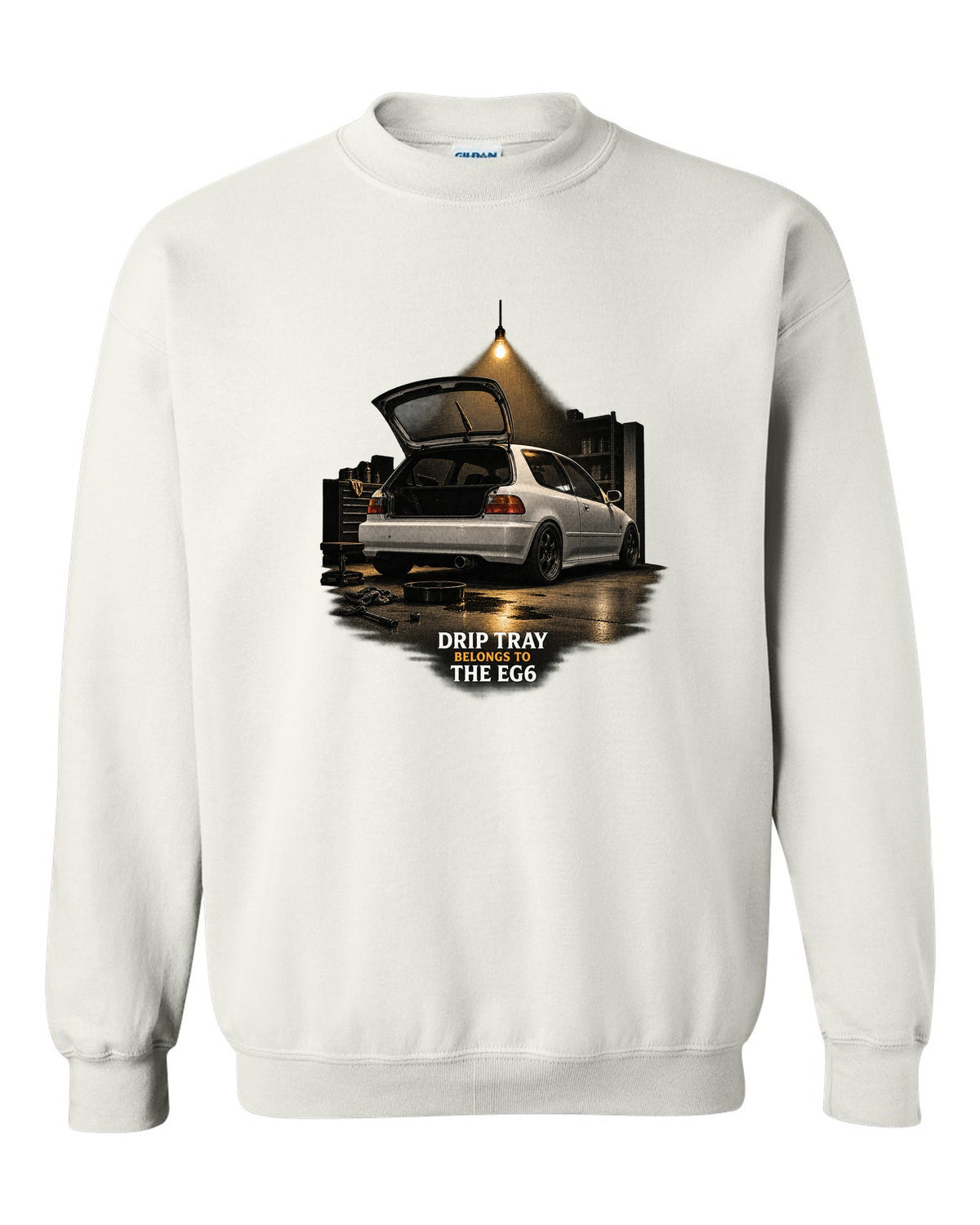Garage night print of a 1993 Honda Civic EG6 SiR chback with drip tray text white crewneck front view with the design