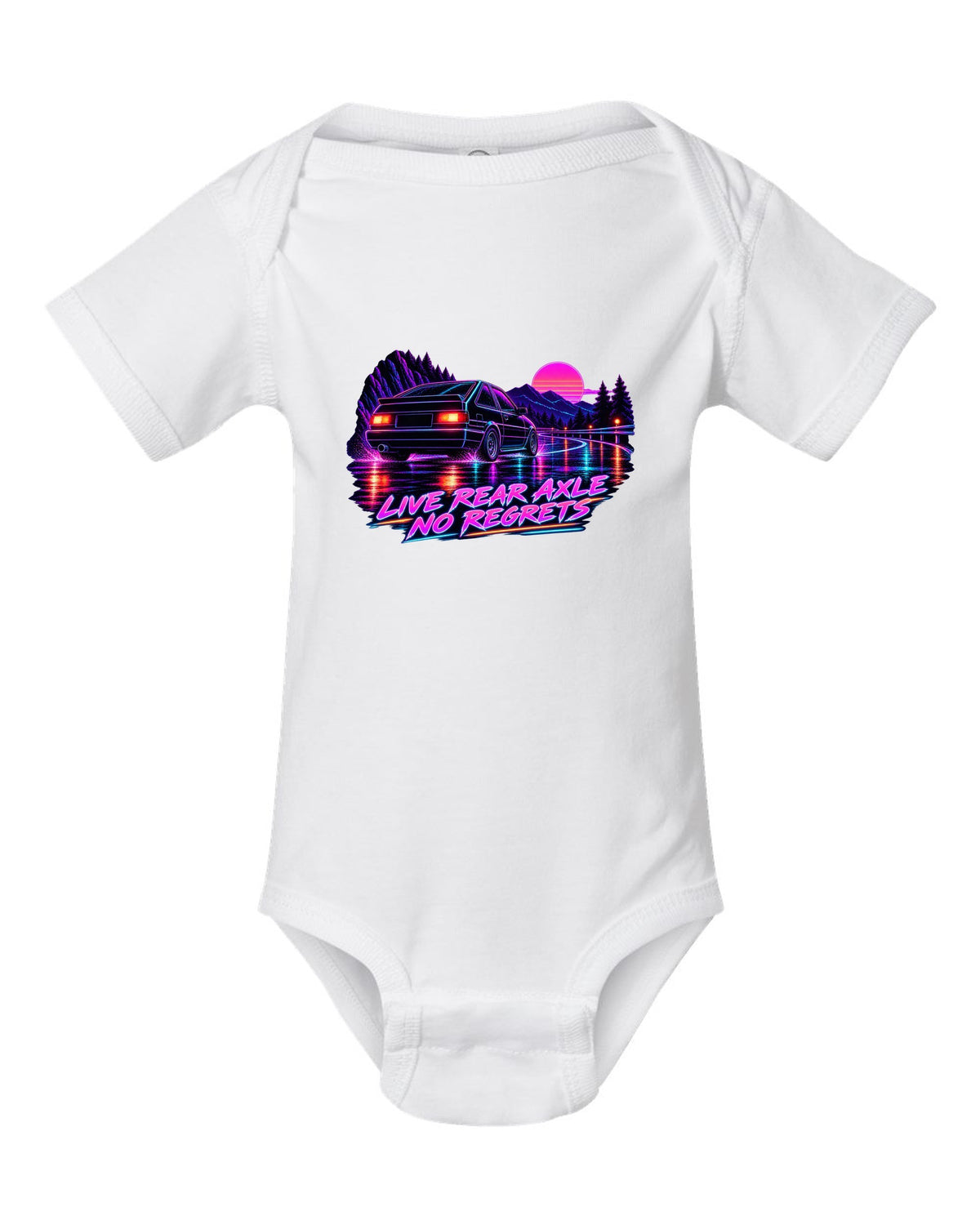 Neon synthwave line art print of a Toyota Corolla Levin AE86 with Live Rear Axle lettering white baby onesie front view with the design