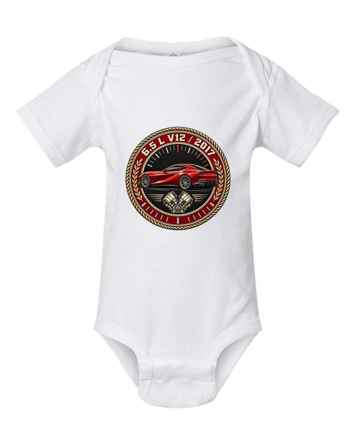 Round roundel print for the Ferrari 812 Superfast with 6.5 L V12 and 2017 lettering white baby onesie front view with the design