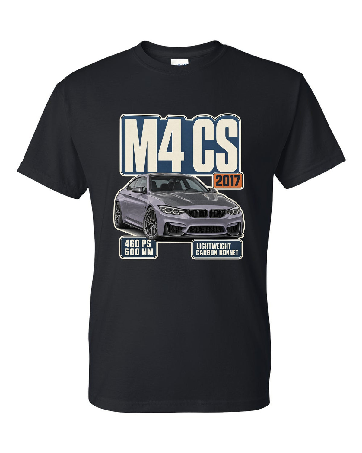 BMW M4 CS F82 editorial headline print design black t-shirt front view with the design
