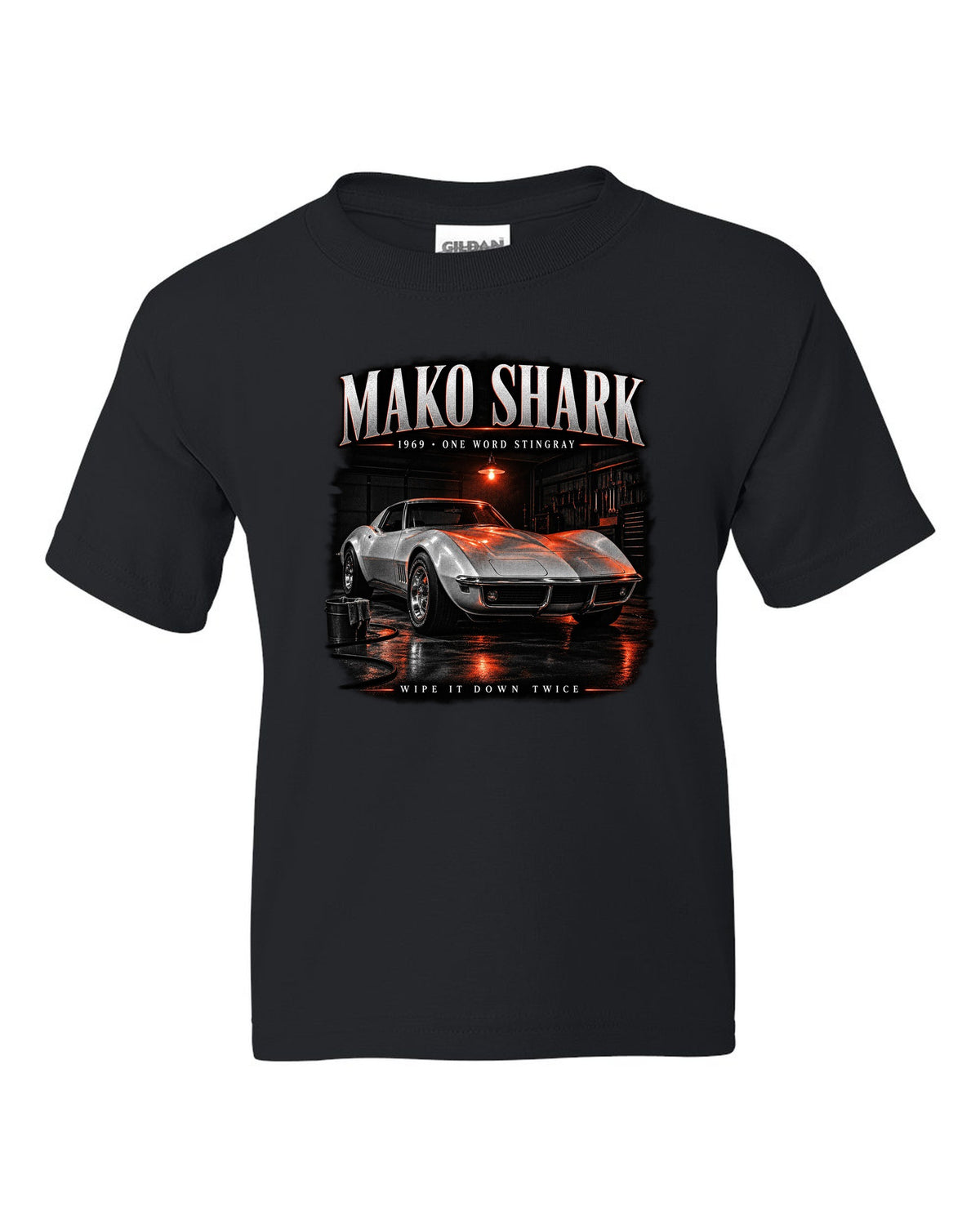 Chevrolet Corvette C3 Stingray 1969 coupe garage night print Mako Shark black kids tee front view with the design