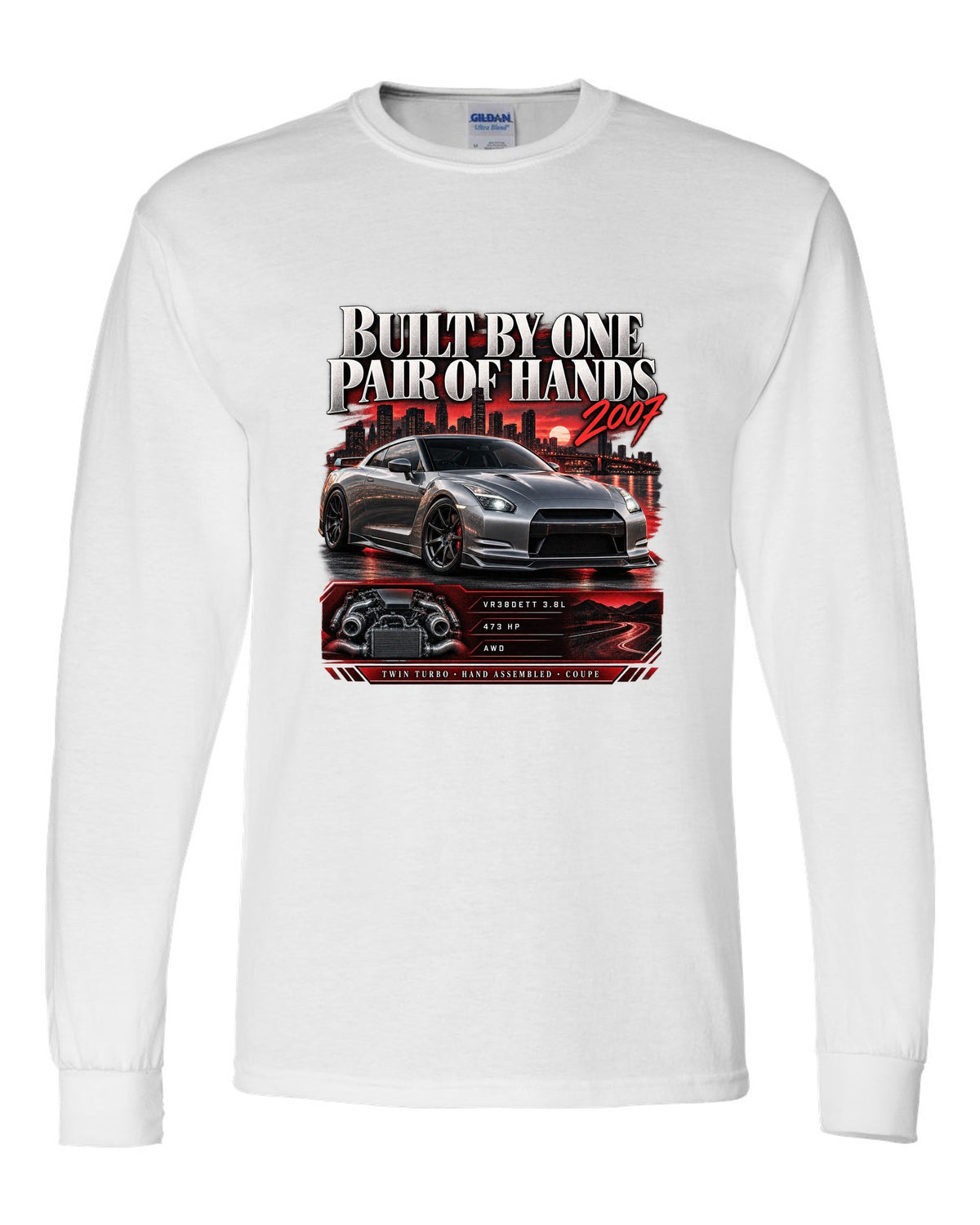 Archive panel of a Nissan GT-R R35 with VR38DETT 3.8L, 473 hp and hand assembled lettering white long sleeve front view with the design