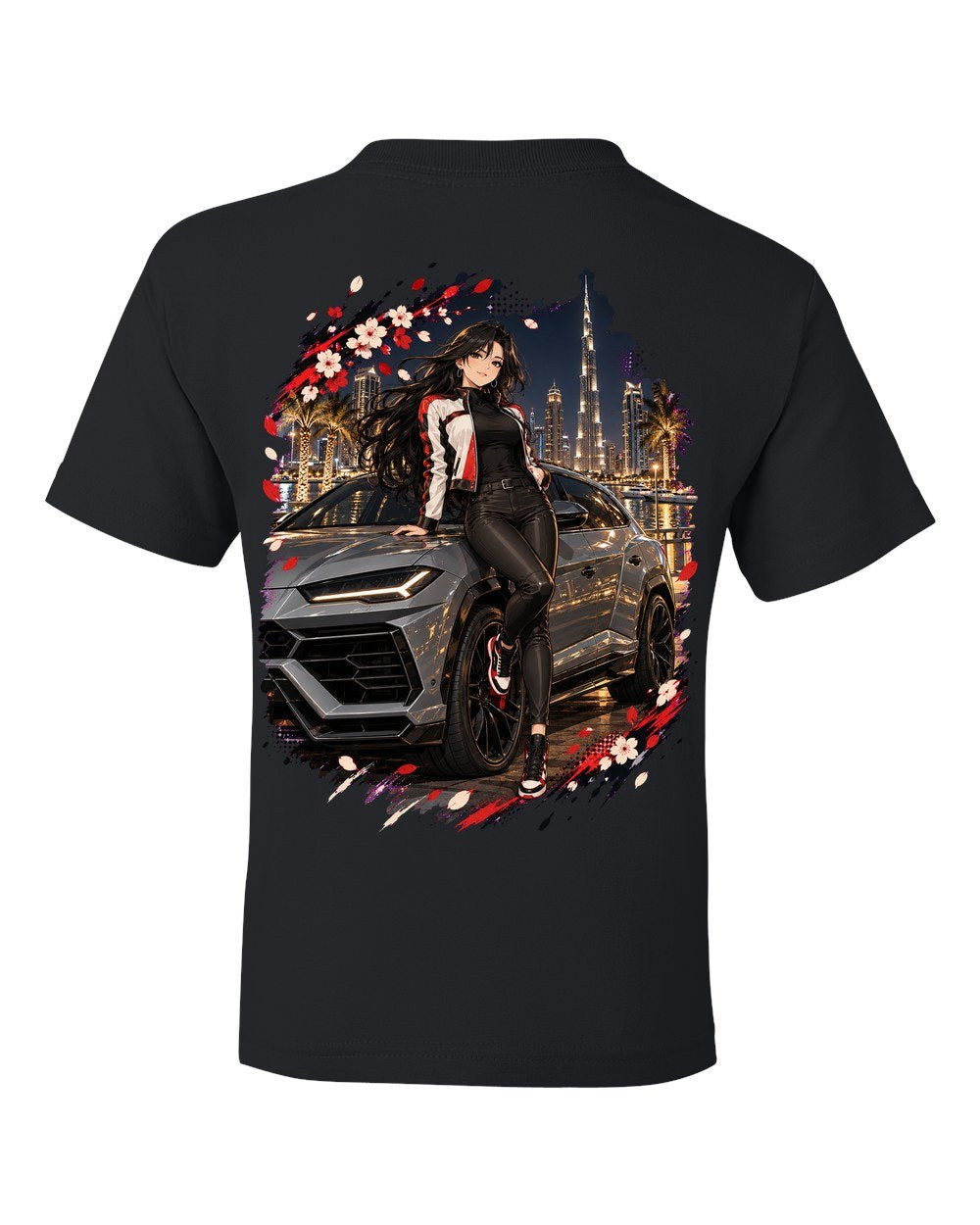 Lamborghini Urus Anime Girl Kids Tee Black back