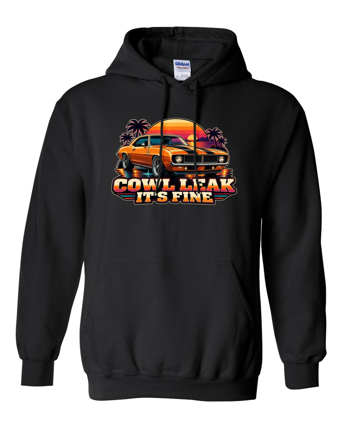 Retro banded sunset illustration of a 1969 Chevrolet Camaro coupe with cowl leak lettering black pull over hoodie front view with the design