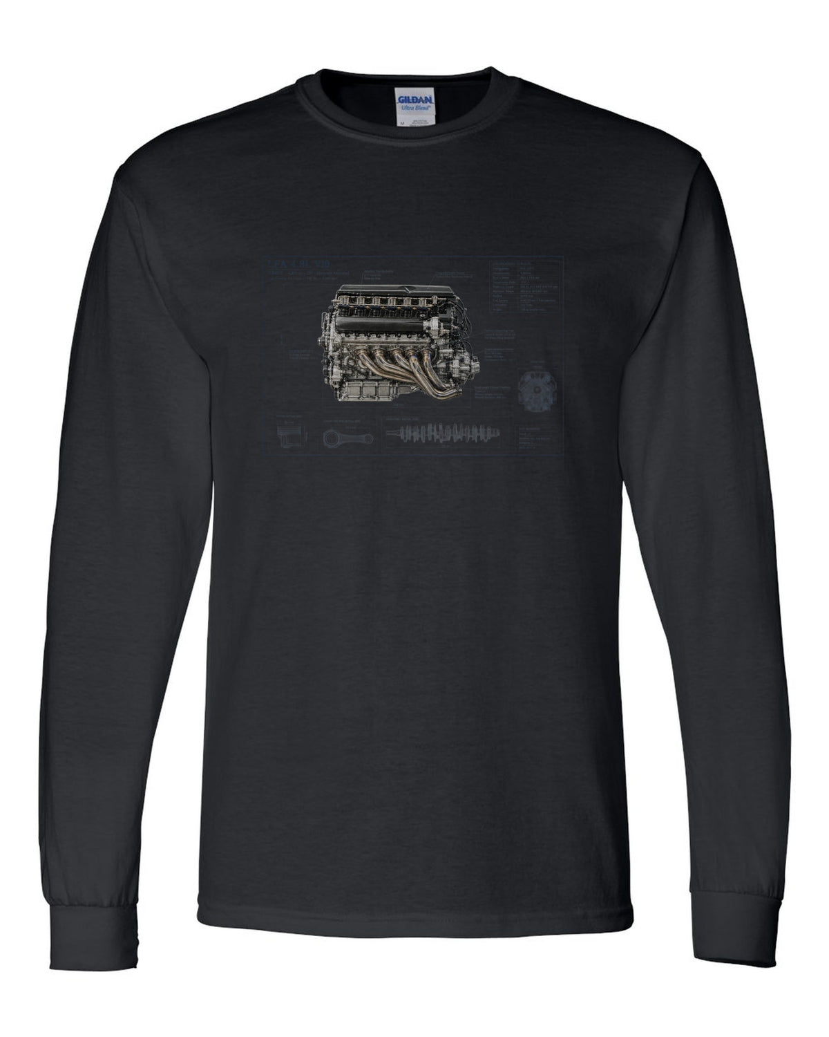 Aero cutaway callouts on the Lexus LFA Nurburgring Package black long sleeve front view with the design