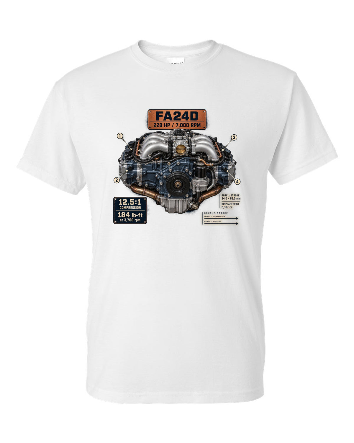 Poster-style engine print of the FA24D flat-four from the Subaru BRZ ZD8 and Toyota GR86 ZN8 white t-shirt front view with the design