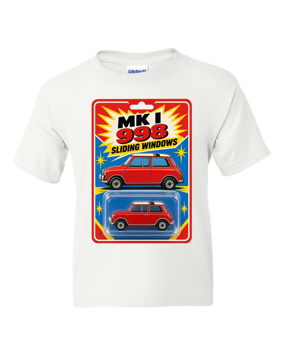 1967 Mini Cooper Mk I on a toy blister card with 998 and sliding windows text white kids tee front view with the design
