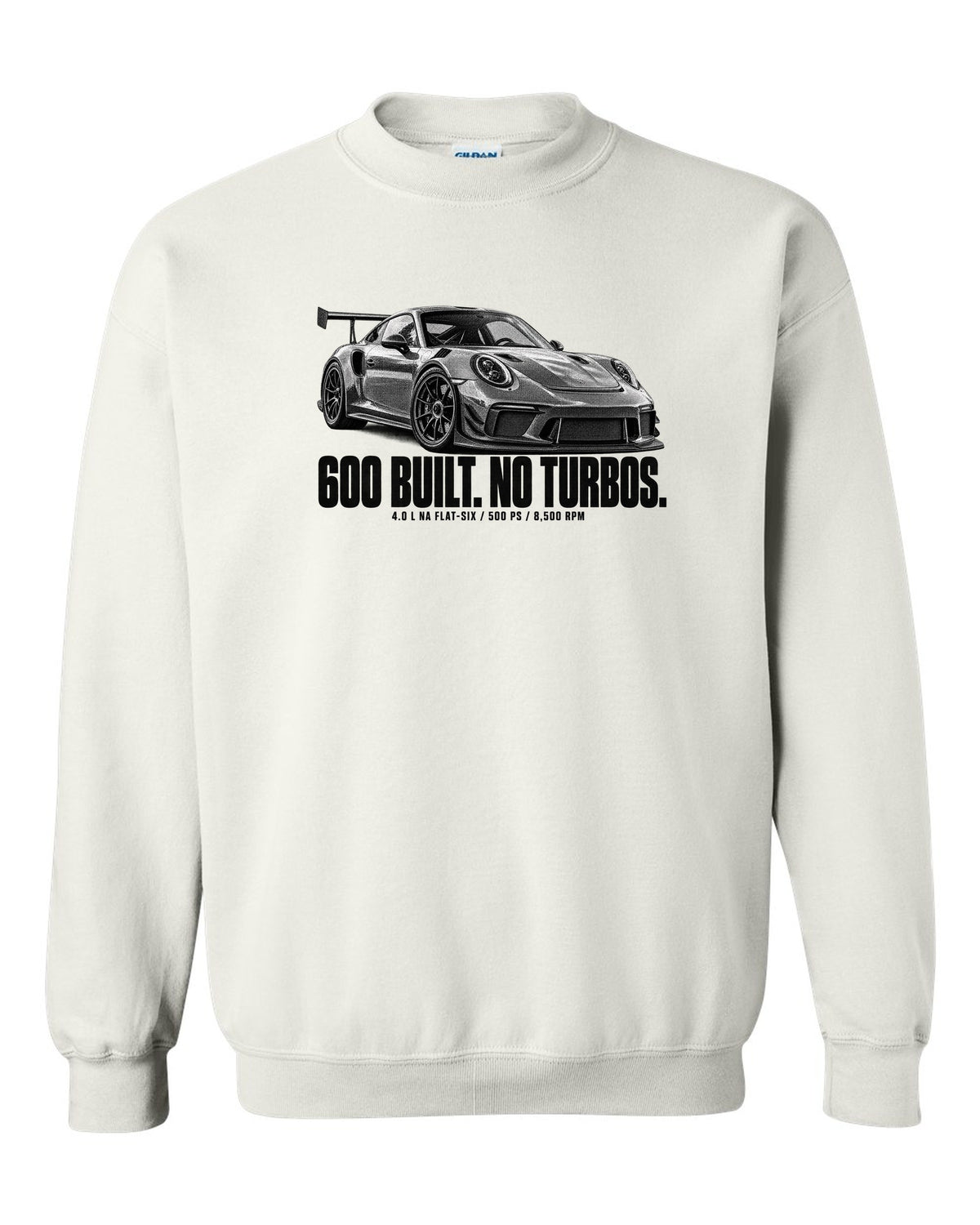 Halftone print of a Porsche 911 997 GT3 RS 4.0 with 600 built and 8,500 rpm lettering white crewneck front view with the design